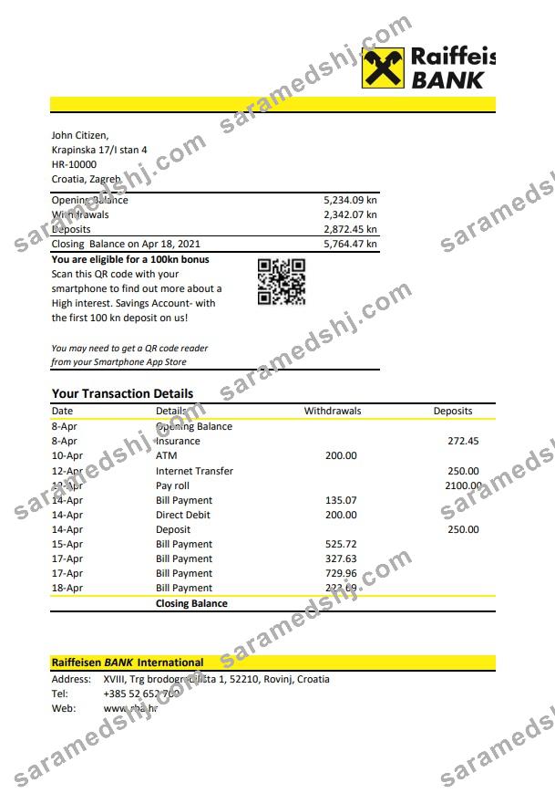 Croatia Raiffeisen Bank statement easy to fill template in .xls and .pdf file format